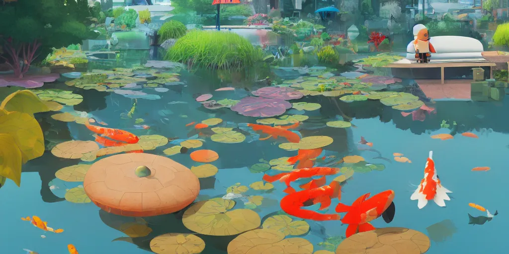 Prompt: koi pond by goro fujita and simon stalenhag and wes anderson and alex andreev and chiho aoshima and beeple and banksy and kandinsky and magritte and basquiat and picasso, 8 k, trending on artstation, hyper detailed, cinematic