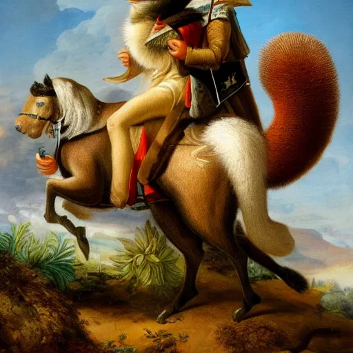 Image similar to a giant fluffy squirrel carrying napoleon bonaparte on its back, beach scene, flowers and foliage, detailed oil painting