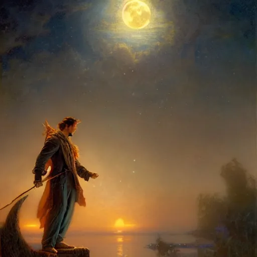 Image similar to attractive male wizard magically floating in the night, fantasy, full moon in background. highly detailed painting by gaston bussiere, craig mullins, j. c. leyendecker, mid shot, 8 k