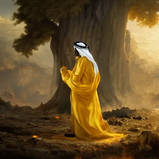 Prompt: A epic and beautiful rococo painting of a young arab boy covered in yellow cloth surrounded by wolves of ashes, standing before a desert of ashes. ultra-detailed. Anime, pixiv, UHD 8K CryEngine, octane render