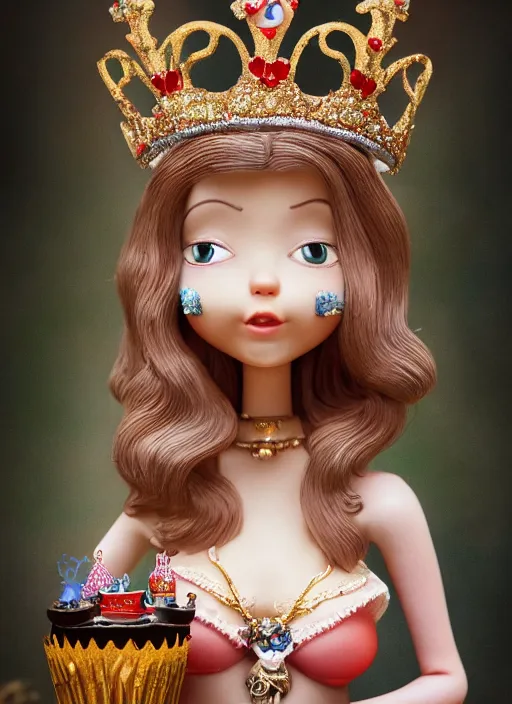 Image similar to closeup face profile portrait of a tin toy fairytale princess wearing a crown eating cakes in the castle, bikini, depth of field, zeiss lens, detailed, symmetrical, centered, fashion photoshoot, by nicoletta ceccoli, mark ryden, lostfish, breathtaking, 8 k resolution, extremely detailed, beautiful, establishing shot, artistic, hyperrealistic, octane render