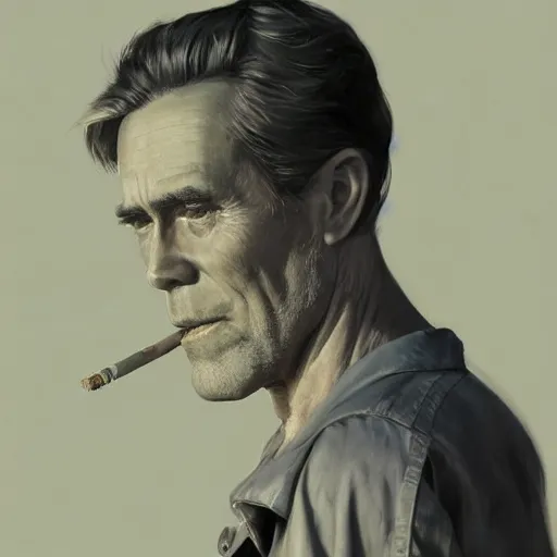 Prompt: a highly detailed epic cinematic concept art CG render digital painting artwork costume design: Henry Fonda as a 1950s tired poet, barefoot, smoking a cigarette. By Greg Rutkowski, Ilya Kuvshinov, WLOP, Stanley Artgerm Lau, Ruan Jia and Fenghua Zhong, trending on ArtStation, subtle muted cinematic colors, made in Maya, Blender and Photoshop, octane render, excellent composition, cinematic atmosphere, dynamic dramatic cinematic lighting, aesthetic, very inspirational, arthouse