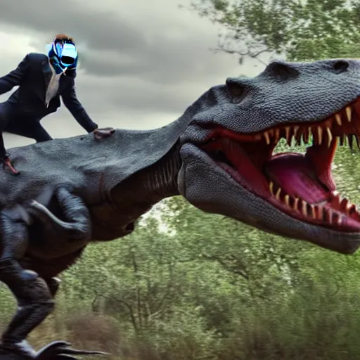 Image similar to cinematic shot of the joker riding on a t - rex in the wild, 8 k, very detailed,