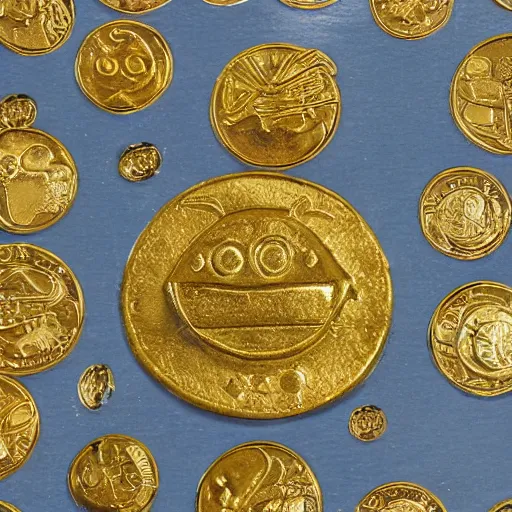 Image similar to super rich happy pepe, coins, gold, crystals, greg rutkowski