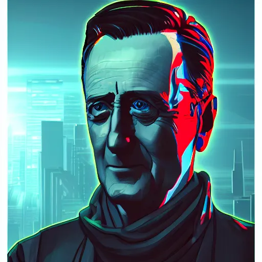 Image similar to cyberpunk franklin delano roosevelt as the leader of a futuristic communist nation, cybernetics, sharp lines, digital, artstation, colored in