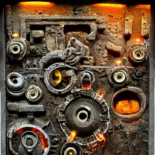 Image similar to ancient technology relic with glowing parts in the dark, by fenton, joe