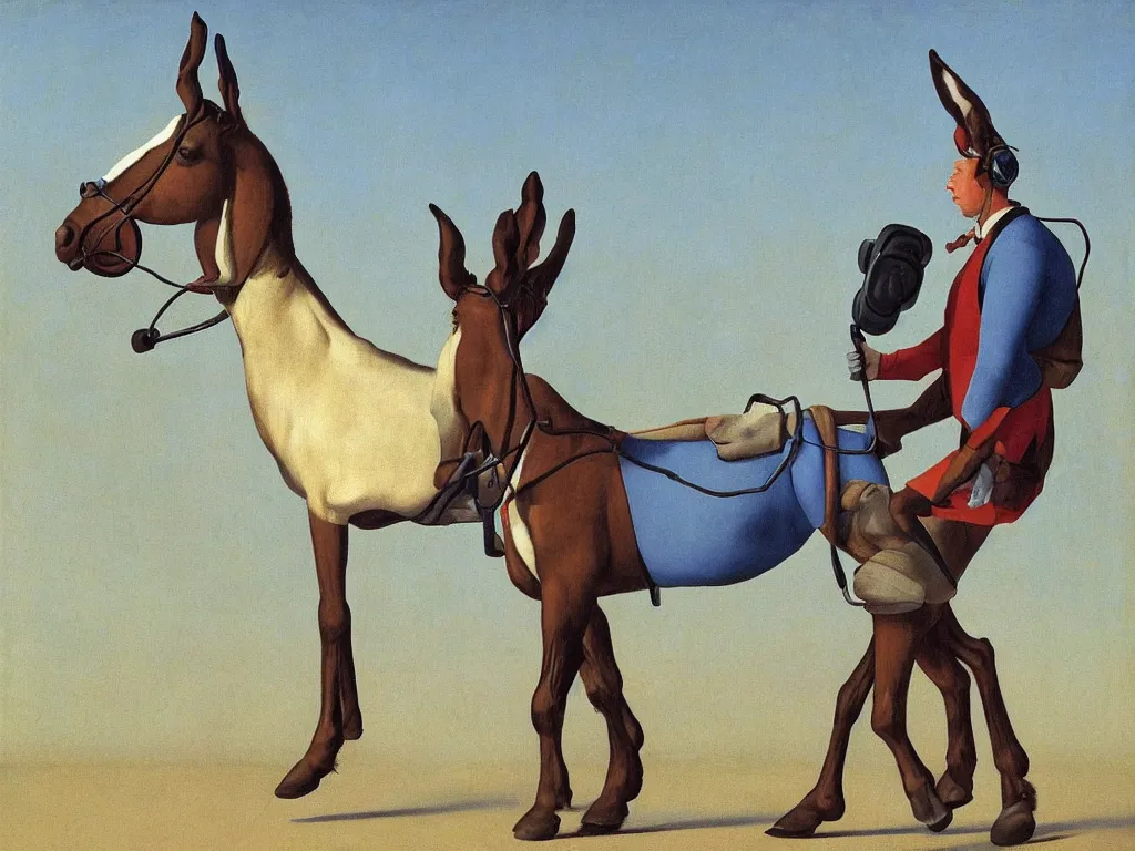 Image similar to a pack mule with headphones on, happy mule, definitely include a mule, musical notes in the air, by Raphael, Hopper, and Rene Magritte. detailed, romantic, enchanting, trending on artstation.