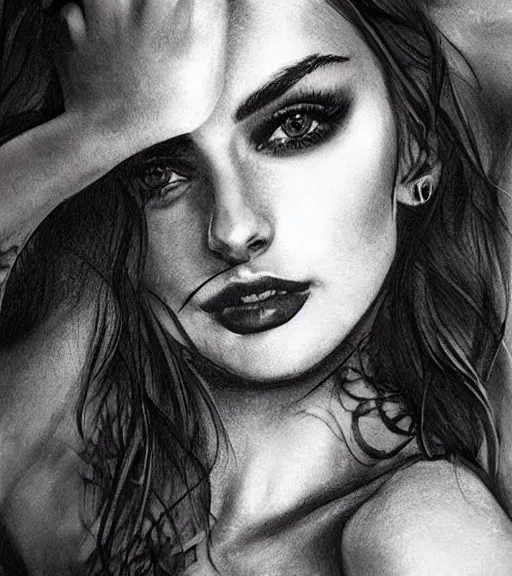 Prompt: tattoo design sketch of a beautiful woman face in front of a background of beautiful mountains, amazing blend effect, hyper - realistic, in the style of matteo pasqualin, amazing detail, black and white