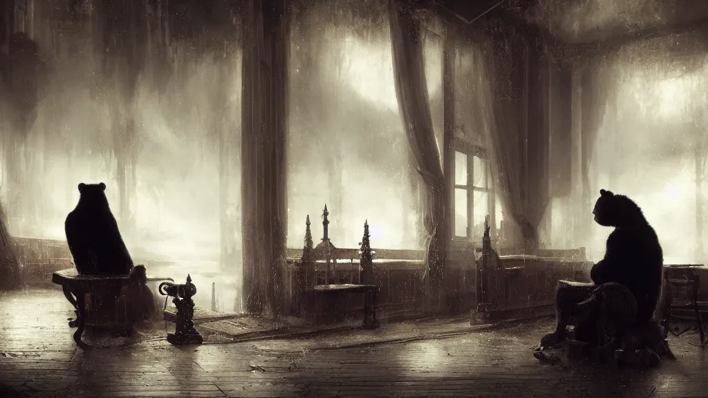 Image similar to bear gambler sitting alone in the melancholy club. andreas achenbach, artgerm, mikko lagerstedt, zack snyder, tokujin yoshioka