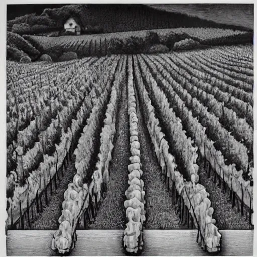 Image similar to Hyperrealism traditional austrian vineyard with workers, painting by MC Escher