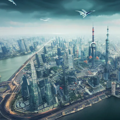 Image similar to dragons flying upon shanghai lujiazui, cityscape, cloud day, artstation, makato shinkai, 8 k