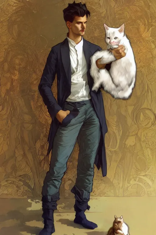 Prompt: full body portrait of a single beautiful young fit man, modern haircut, open shirt, large pants, holding a small cat on a shoulder. by greg rutkowski and alphonse mucha, d & d character, in front of a modern room background, highly detailed portrait, digital painting, artstation, concept art, smooth, sharp focus illustration, hq