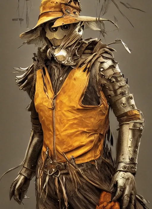 Prompt: powerful male scarecrow, willem dafoe as scarecrow, full body character concept, covered in full leather armor, art nouveau, super powers, fantasy, intricate, elegant, highly detailed, digital painting, artstation, concept art, shining, sharp focus, illustration, art by stanley lau
