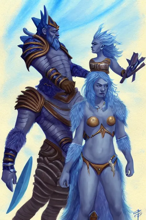 Image similar to a small blue-skinned triton girl wearing scale armor riding on a the shoulders of a large male goliath wearing fur and leather armor, dnd concept art, painting by Tyler Jacobson