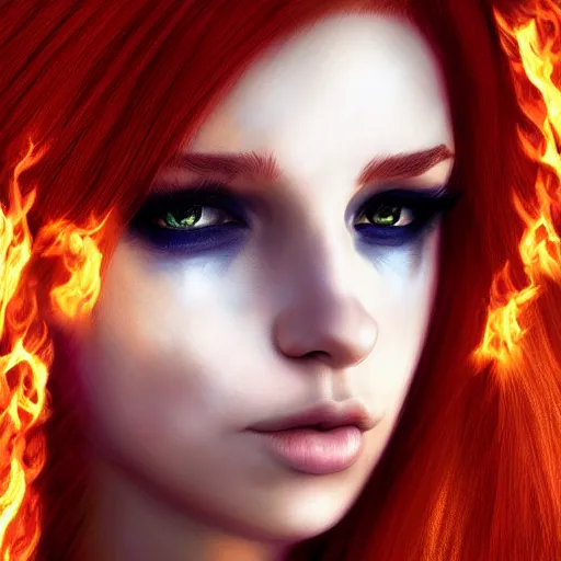 Image similar to a beautiful portrait of a gorgeous female pyromancer with flaming hair, digital art, photorealistic, intricate detail