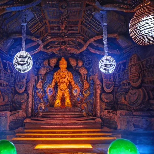 Prompt: photo, inside a massive huge cavernous futuristic alien african indian stone overgrown temple with intricate detailed beautiful carvings made out of shiny chrome, a giant huge massive statue of a ancient alien king sitting in a pool of moonlight, low fog and haze, colorful glowing neon tubes, long strips of shiny reflective aluminum, glowing orbs