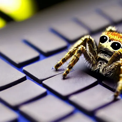 Prompt: a jumping spider, using a computer keyboard, by pixar, macro lens, iridescent