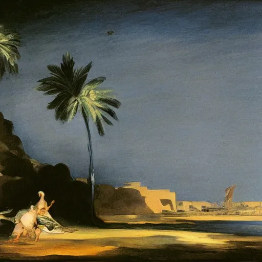 Image similar to a painting francisco goya did when he was obsessed with vaporwave palm trees