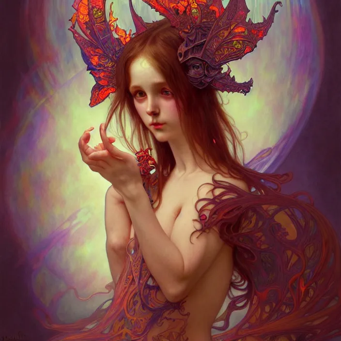 Image similar to psychedelic cute little demon, diffuse lighting, fantasy, intricate, elegant, highly detailed, lifelike, photorealistic, digital painting, artstation, illustration, concept art, smooth, sharp focus, art by John Collier and Albert Aublet and Krenz Cushart and Artem Demura and Alphonse Mucha