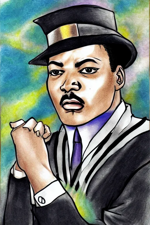 Image similar to Martin Luther King as Jotaro Kujo JoJo from JoJo\'s Bizarre Adventure, anime drawing by Hirohiko Araki