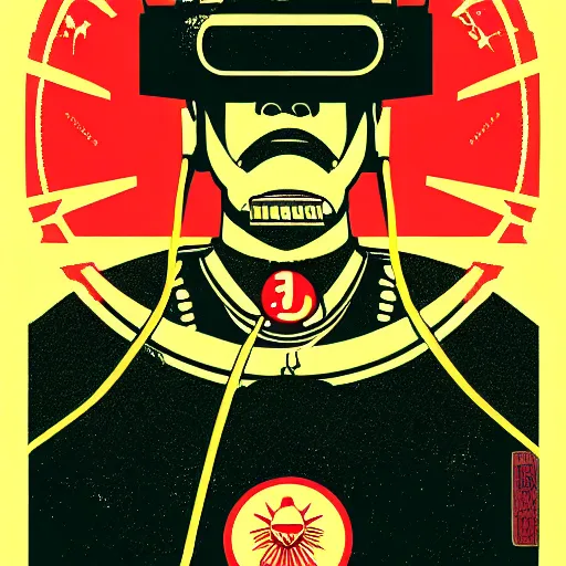 Image similar to !dream Illustrated by Shepard Fairey and H.R. Geiger | Cyberpunk Soviet Samurai with VR helmet, surrounded by cables