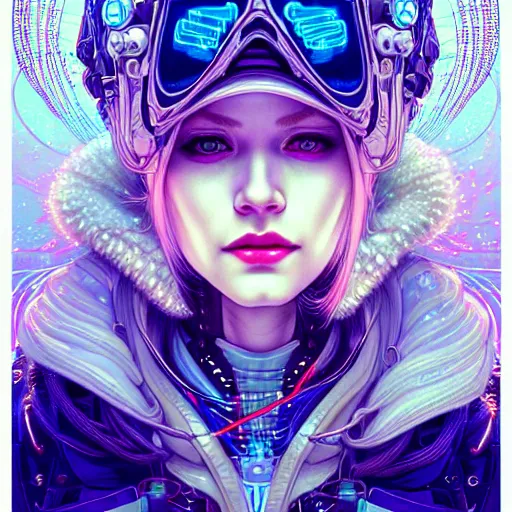 Image similar to high quality, high detailed portrait of a snow queen cyberpunk character in a futuristic world, snow crush. hyperrealism, intricate details, cables, wires, elaborate futuristic crown. connectors led. tristan eaton, victo ngai, artgerm, rhads, ross draws, alphonse mucha, pastel colors, vintage, artstation, vector. 8 k