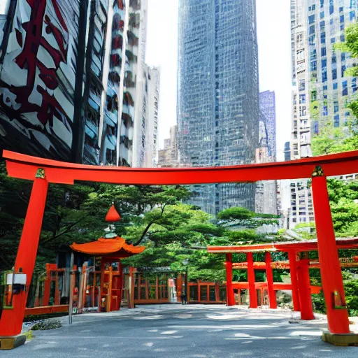 Prompt: a beautiful shinto shrine made with locally available materials and colors, standing among skyscrapers in manhattan, makoto shinkai illustration