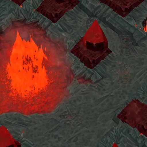 Image similar to TzKal-Zuk at the Inferno, old school runescape, lava river, magma, large shield of magma, obsidian pillars