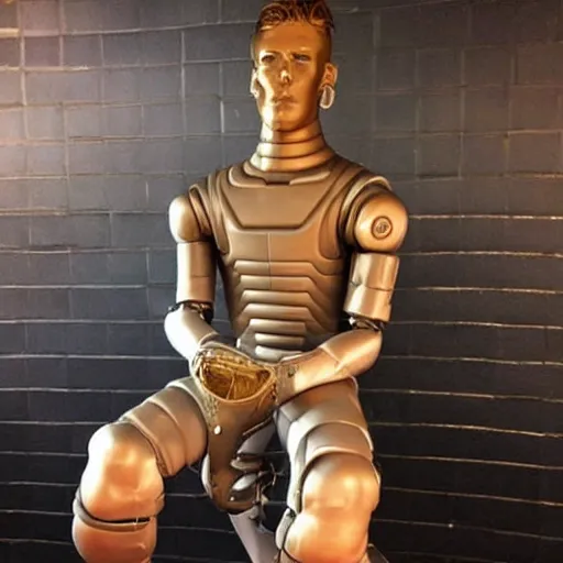 Image similar to “a realistic detailed photo of a guy who is an attractive humanoid who is half robot and half humanoid, who is a male android, baseball player Aaron Judge, shiny skin, posing like a statue, blank stare”