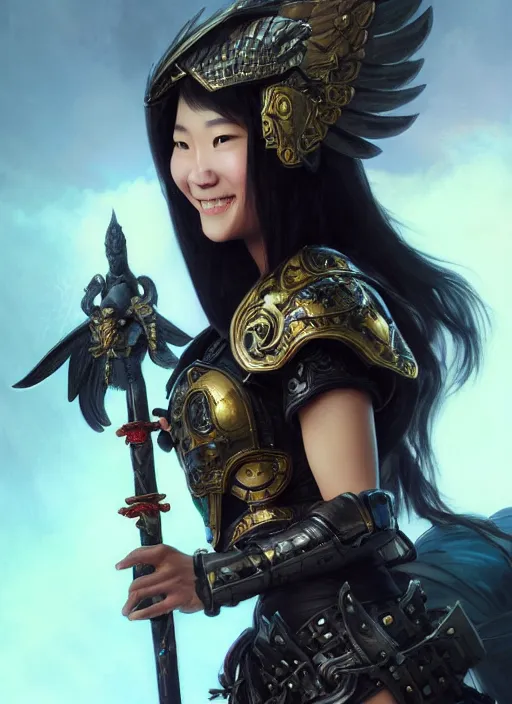 Image similar to Close-up portrait of smiling young asian woman wearing a black armor with skulls and a winged helmet and, holding a magic staff, portrait, fireball, highly detailed, digital painting, artstation, concept art, sharp focus, illustration, art by artgerm and greg rutkowski and alphonse mucha
