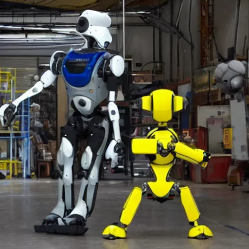 Prompt: atlas robot, boston dynamics atlas, atlas and spot, spot robot dog, humanoid robot, robot dog, yellow robot dog, boston dynamics, 2 0 2 2 promo image