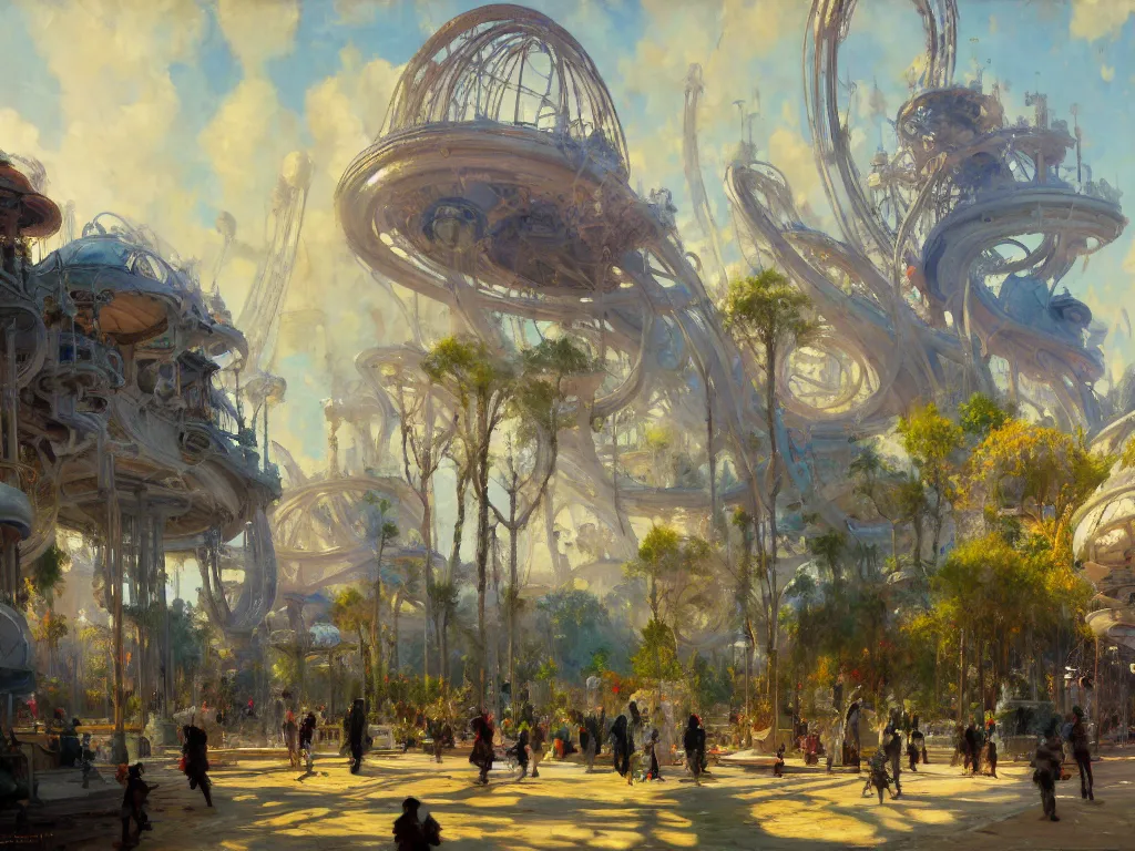 Image similar to impressionist brushstrokes!!!! solomon joseph solomon and richard schmid and jeremy lipking victorian loose genre loose painting of a busy elaborate ornate outdoor sci - fi park, cinematic, shadows, partly cloudy day, 4 k, detailed, by zaha hadid and beeple