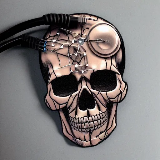 Image similar to skull wires skin cables, cybernetic nightmare