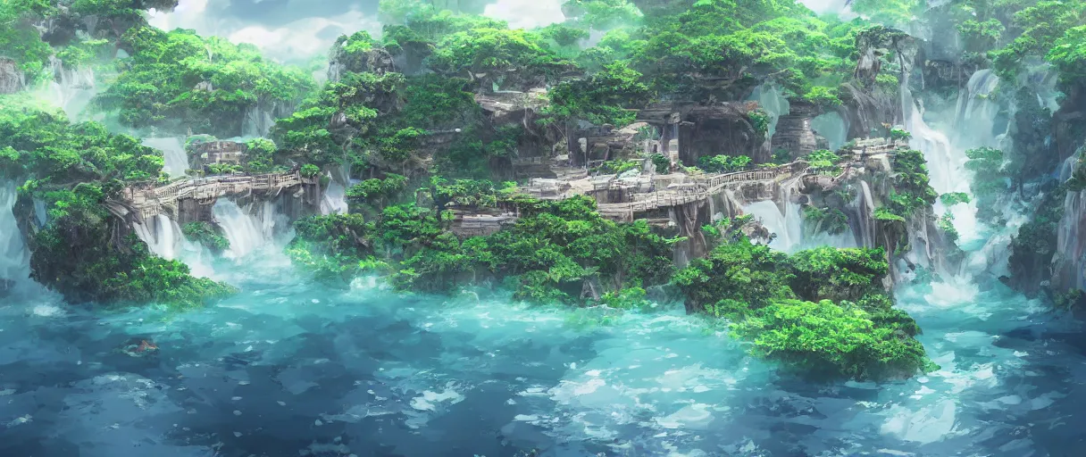 Image similar to a small crumbling island with waterfalls flowing off the island, floating in space, studio ghibli, digital art, detailed, depth of field