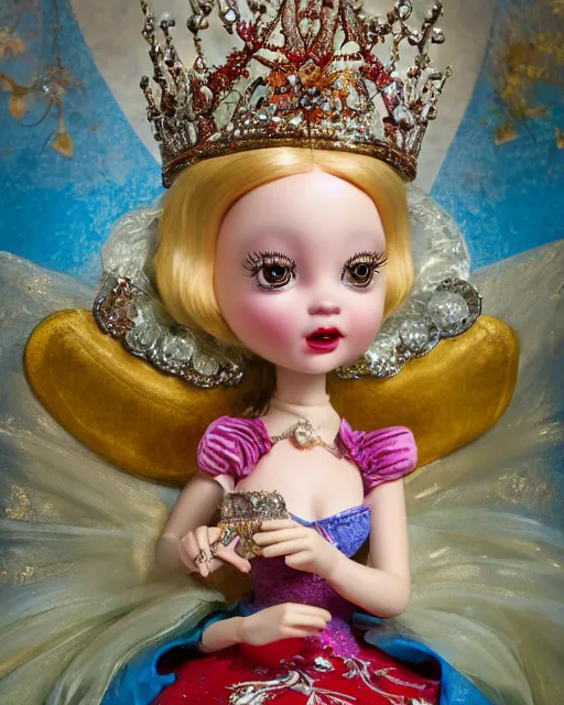 Prompt: highly detailed closeup, face profile portrait of a tin toy fairytale princess wearing a crown and sitting on a throne, bikini, depth of field, fashion photoshoot by nicoletta ceccoli, mark ryden, lostfish, dan decarlo, bob clampett, max fleischer, breathtaking, detailed and intricate environment, 8 k resolution, hyperrealistic, octane render