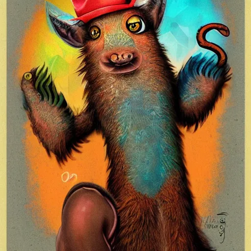 Image similar to a dik dik monster with tattoos wearing a fedora, colorful, digital art, fantasy, magic, trending on artstation, ultra detailed, professional illustration by basil gogos