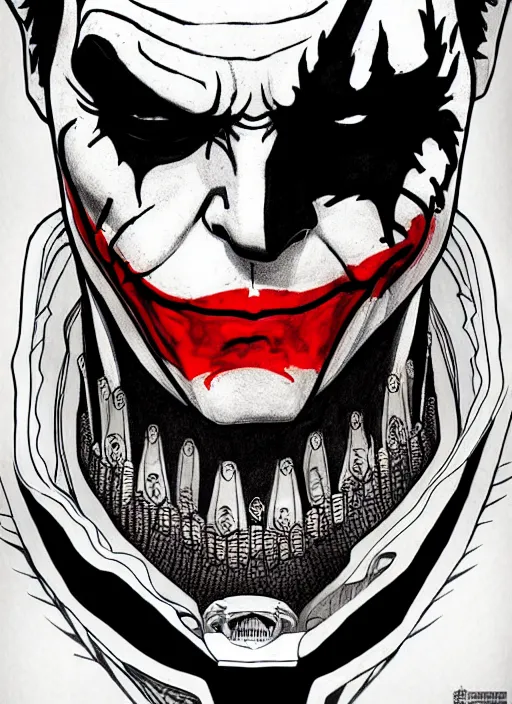 Image similar to symmetry concpet art, full shot, traditional ink, sketch, of the joker, line sketch, intricate, elegant, highly detailed, monochrome, digital painting, artstation, concept art, sharp focus, illustration, art by borderlands 3 and peter polach