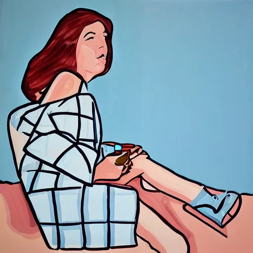 Image similar to painting of cute girl, full stature, in style of patrick caulfield, photorealistic