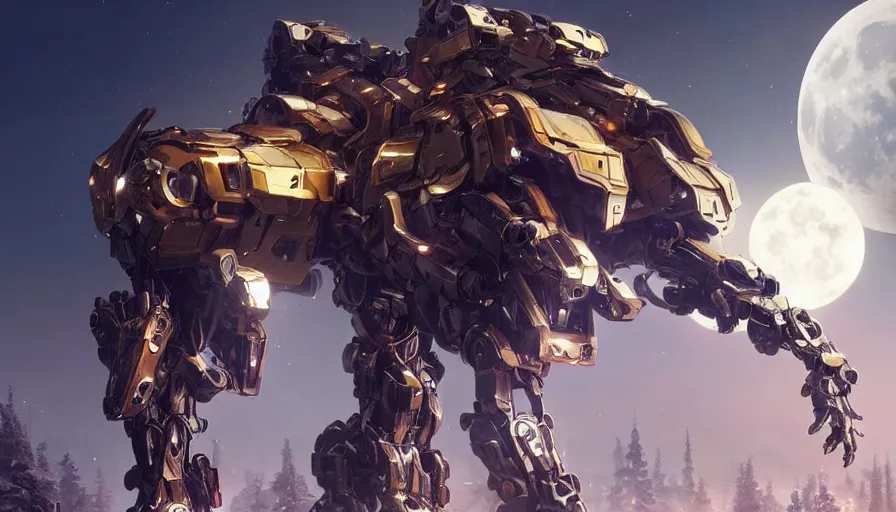 Image similar to large walking mech covered in reflective gold and silver armor, 'bubblegum crisis' and horizon zero dawn aesthetic, beautiful moon lit night, many glowing lights, beautiful forests and trees, intricate detail, epic wallpaper, art by darek zabrocki and John Park and Feng Zhu and Jason Chan, trending on artstation, masterpiece.