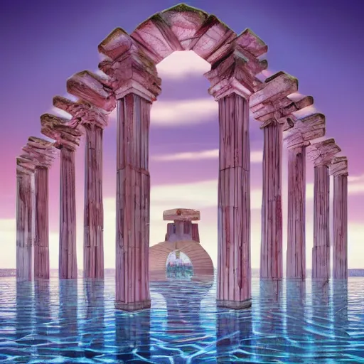 Image similar to geometric 3d masterpiece, hyperrealistic surrealism, award winning masterpiece with incredible details, epic stunning, infinity pool, a surreal vaporwave liminal space, highly detailed, trending on ArtStation, broken giant marble head statue ruins, calming, meditative, pink arches, flowing silk sheets, palm trees, very vaporwave, very very surreal, sharp details, artgerm and greg rutkowski and alphonse mucha, daily deviation, IAMAG