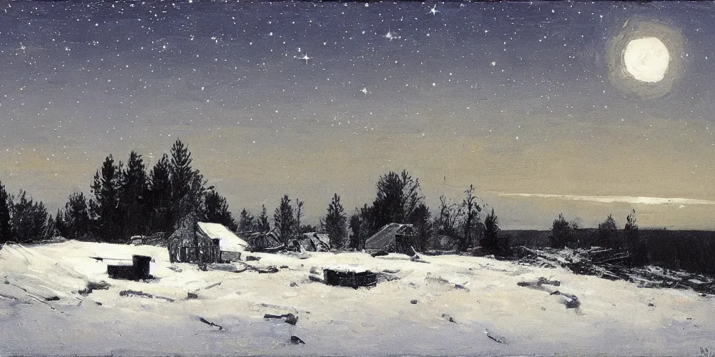 Image similar to A WW2 battlefield, nighttime, winter, calm, stars, shooting star, painting by Isaac Levitan