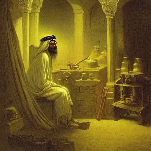 Image similar to Arabian Alchemist in his dark smoky lab. Painting by gustave dore. Colored painting.