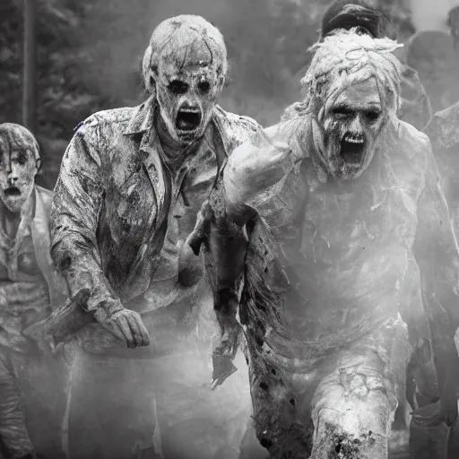 Image similar to donald trump as zombie in the walking dead. movie still. cinematic lighting
