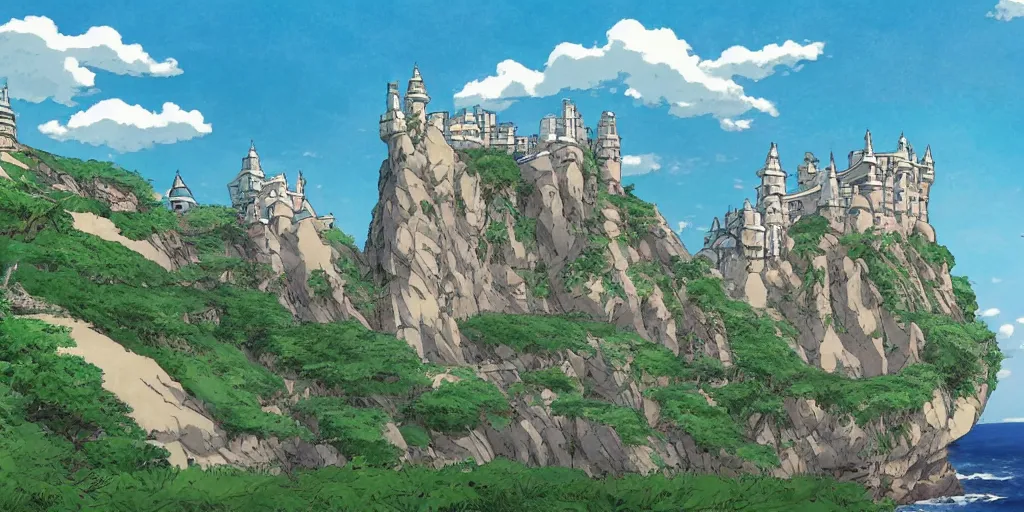 Prompt: A university built on the cliffs above the ocean, all from dark stone, with tall towers, art by Hayao Miyazaki, art by Studio Ghibli, anime