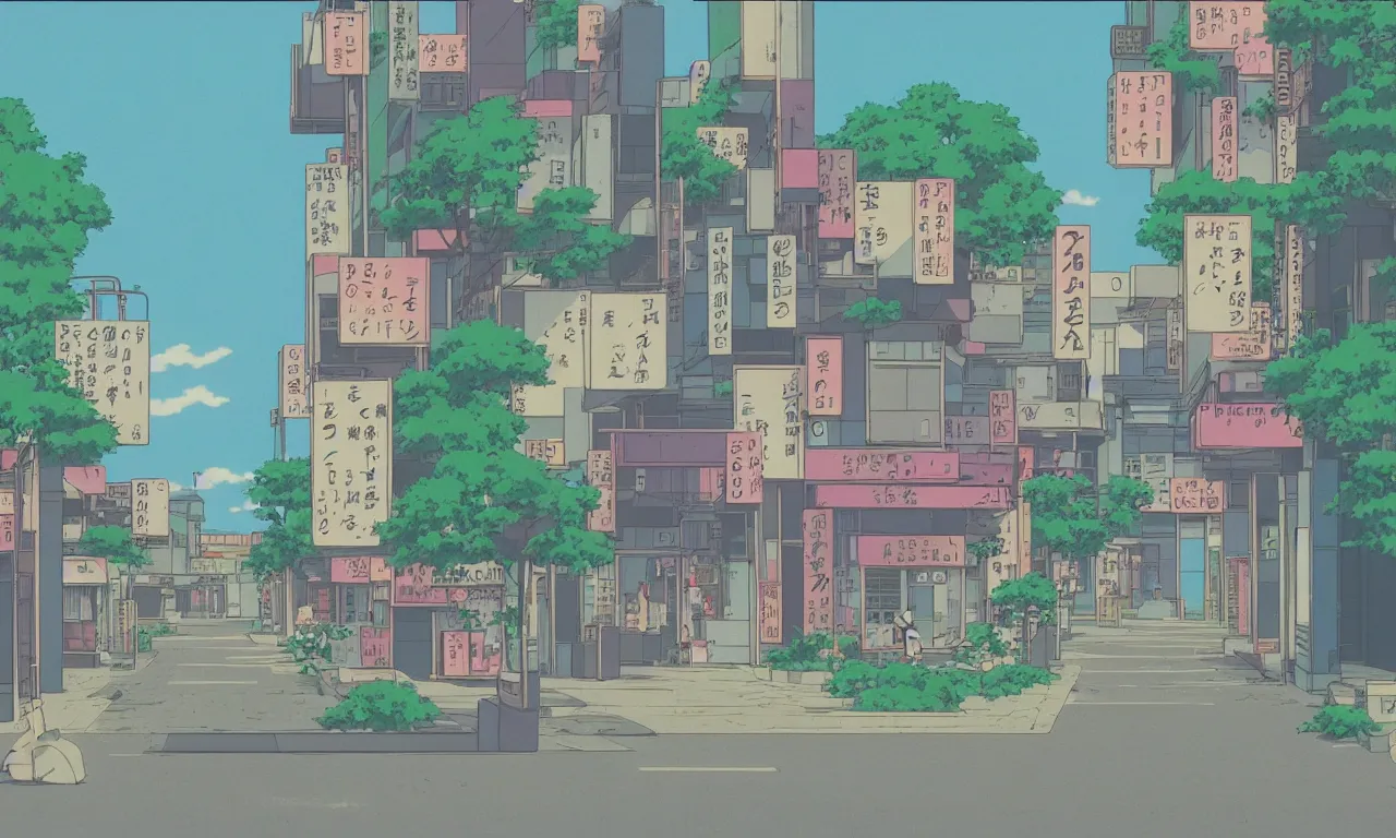 Image similar to A cute aesthetic still frame from an 80's or 90's anime, minimal street in Japan with a waterfall, shops, trees