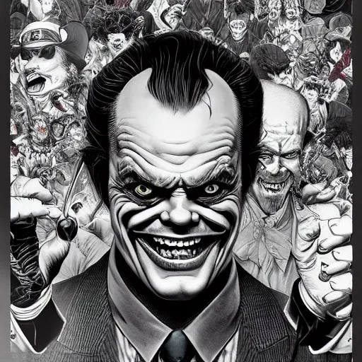 Image similar to portrait of crazy jack nicholson joker, symmetrical, by yoichi hatakenaka, masamune shirow, josan gonzales and dan mumford, ayami kojima, takato yamamoto, barclay shaw, karol bak, yukito kishiro