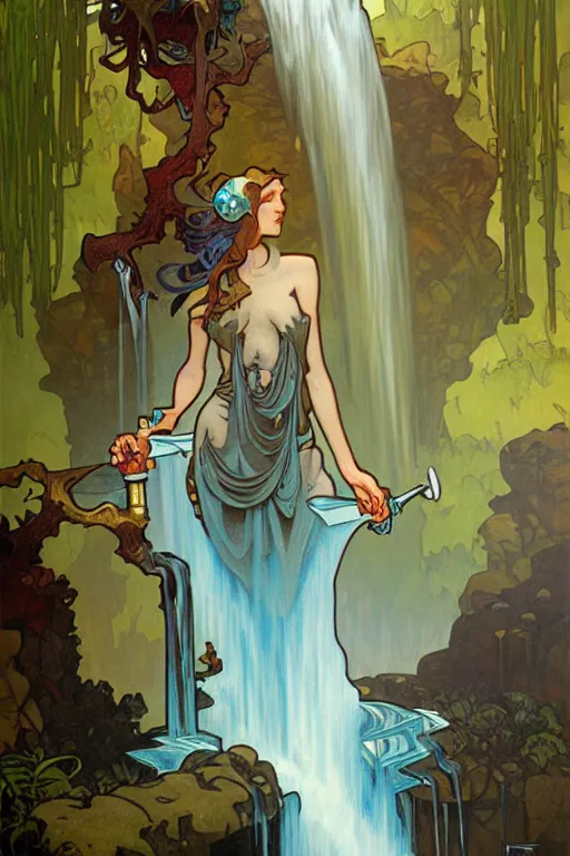 Prompt: water faucet person dnd character with a waterfall behind them by peter mohrbacher, basquiat alphonse mucha