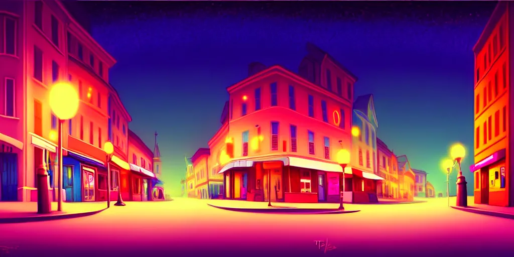 Image similar to curved perspective digital art of a summer night small town street pastel colors by petros afshar and tim burton, 1 5 º camera angle