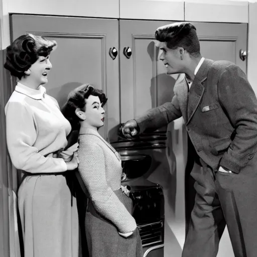 Image similar to 5 0 s family sitcom about giant tardigrades wearing clothes. no actual humans are on the show