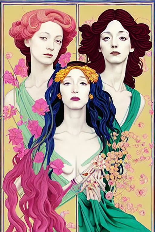 Image similar to 3 Spring Muses symbolically representing March, April, and May, in a style blending Æon Flux, Peter Chung, Shepard Fairey, Botticelli, Ivan Bolivian, and John Singer Sargent, inspired by pre-raphaelite paintings, shoujo manga, and cool Japanese street fashion, dramatically blossoming flora and fauna, petals falling everywhere, pastel vivid triad colors, hyper detailed, super fine inking lines, ethereal and otherworldly, 4K extremely photorealistic, Arnold render